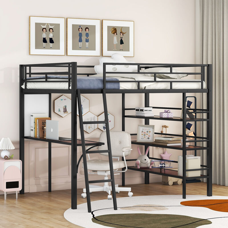 Merax Metal Loft  Bed with  Desk and 3 Layers of Shelves