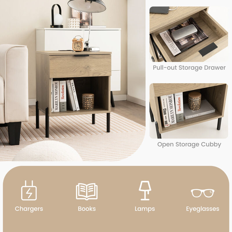 Modern Nightstand with Charging Station-Natural