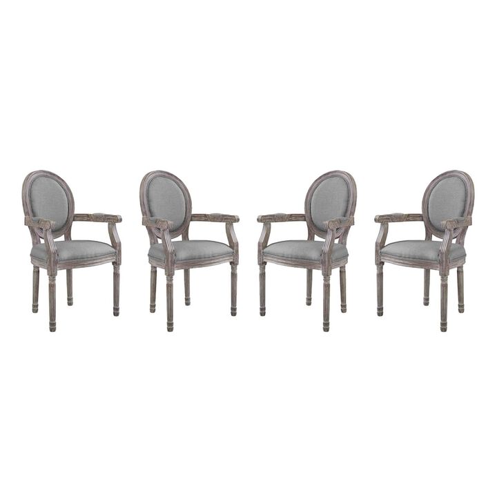 Modway Emanate French Vintage Upholstered Fabric Fully Assembled, Four Dining Armchairs, Light Gray