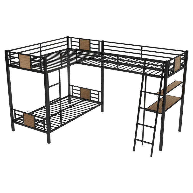 L-Shaped Twin Over Twin Bunk Bed With Twin Size Loft Bed With Desk And Shelf, Brown