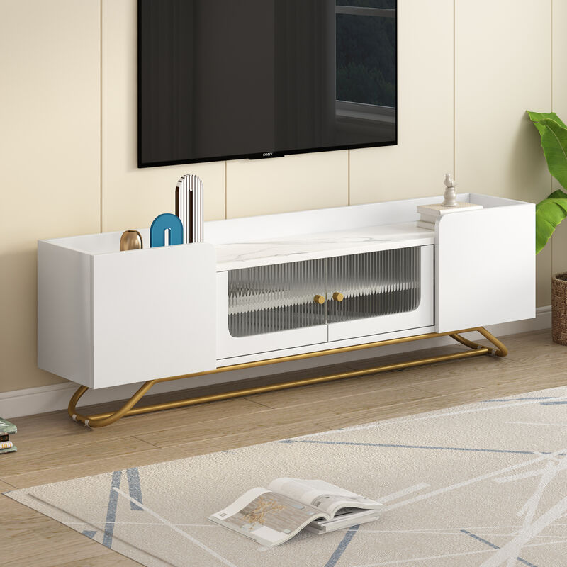 Sleek Design TV Stand with Fluted Glass, Contemporary Entertainment Center for TVs Up to 65", Faux Marble Top TV Console Table with Gold Frame Base, White