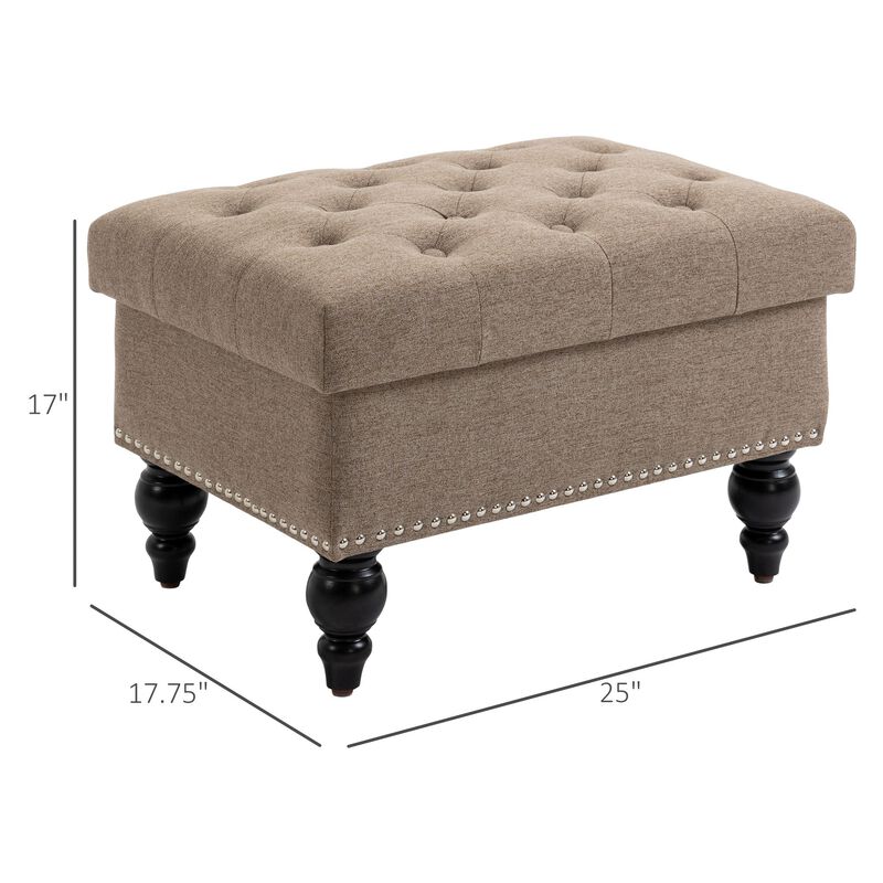 Brown Versatile Ottoman: 25" Button-Tufted Storage Bench with Wood Legs