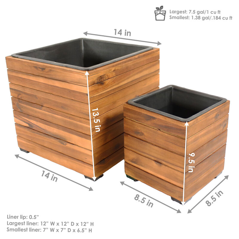 Sunnydaze 2-Piece Acacia Square Planter Boxes with Liners