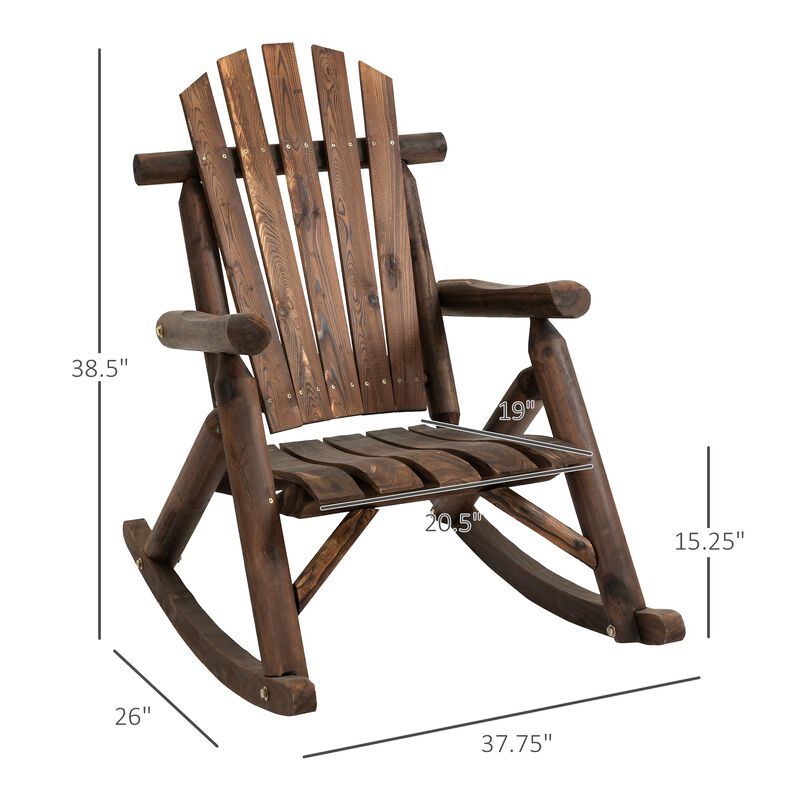 Carbonized Wood Adirondack Rocking Chair, Rustic Log Rocker with Slatted Design for Patio