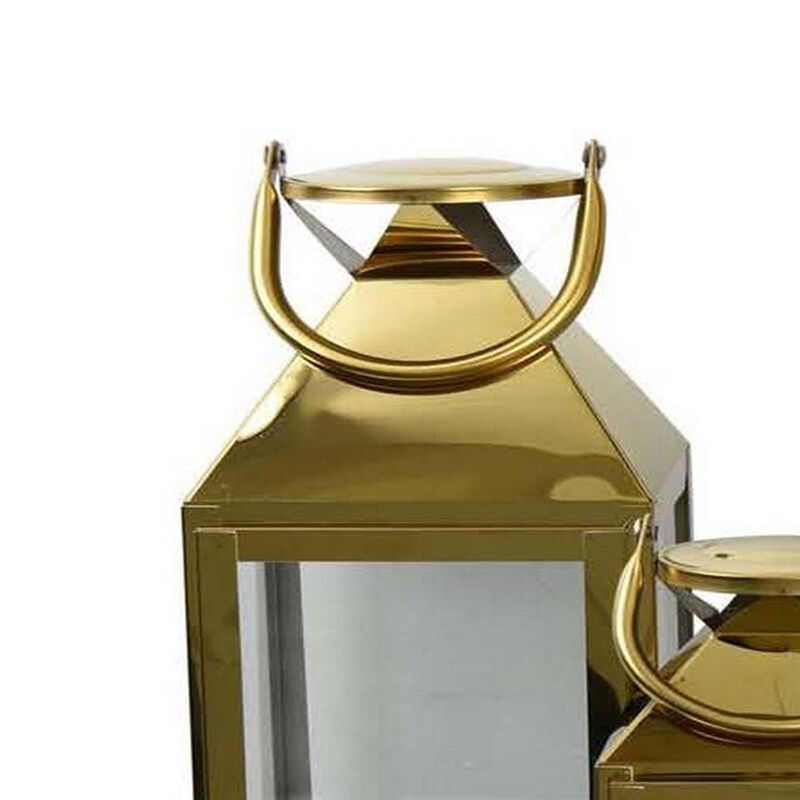 Davi Set of 3 Decorative Lanterns, Curved Handles, Glass Panel, Brass Metal - Benzara