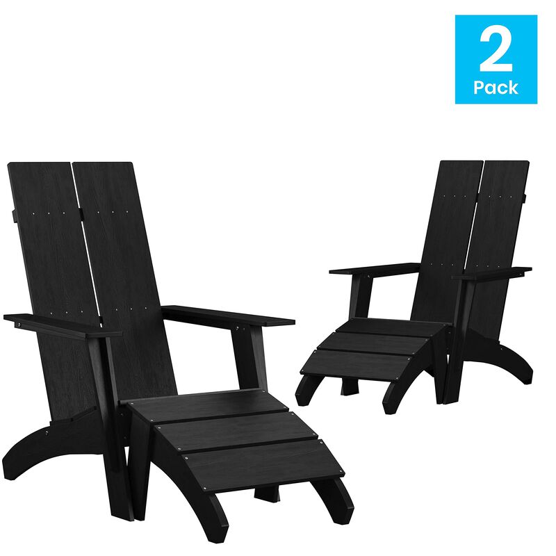 Flash Furniture Set of 2 Sawyer Adirondack Style Chairs with Footrests - Black Poly Resin - Weather Resistant