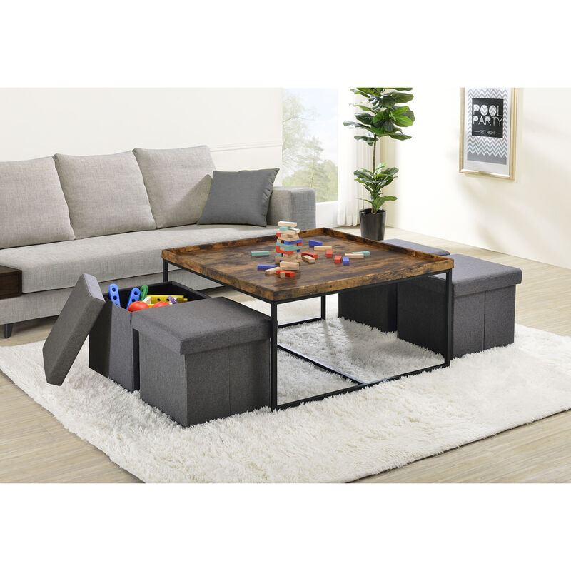 Vinny Weathered Oak Wood Grain 5 Piece Coffee Table Set With Raised Edges