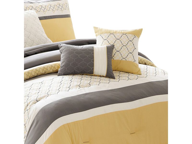 Quatrefoil Print King Size 7 Piece Fabric Comforter Set, Yellow and Gray - Benzara