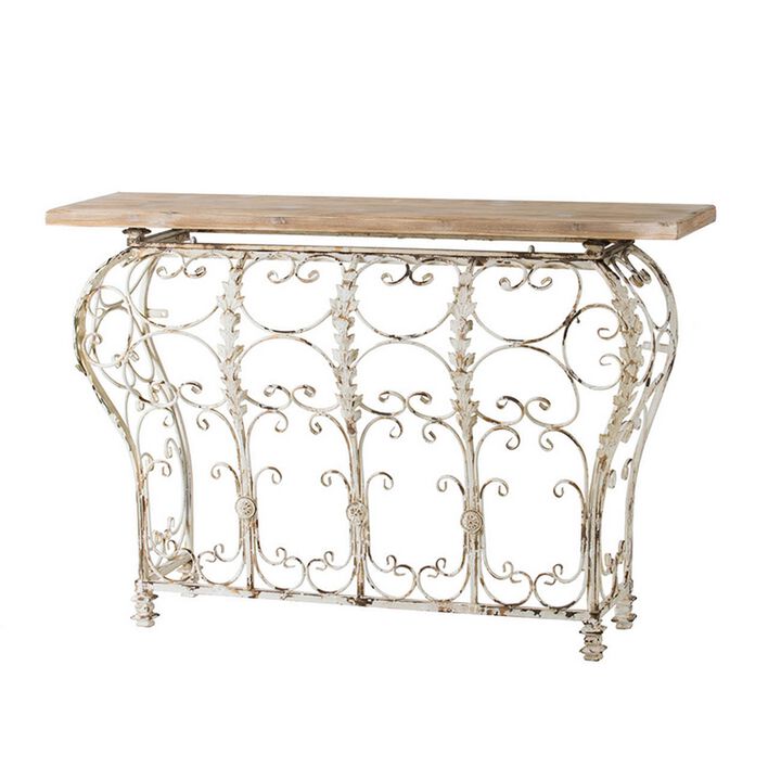 55 Inch Console Sofa Table with Scrollwork, Iron Curved Base, Wood, White - Benzara