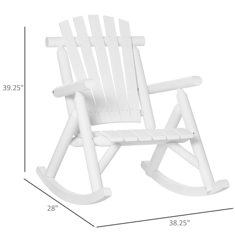 White Rustic Adirondack Rocking Chair, Indoor Outdoor Log Rocker with Slatted Design, Lawn