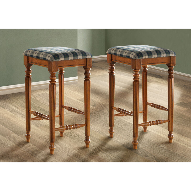 Monarch Specialties I 4833 Bar Stool, Set Of 2, Bar Height, Wood, Fabric, Brown, Green, Traditional