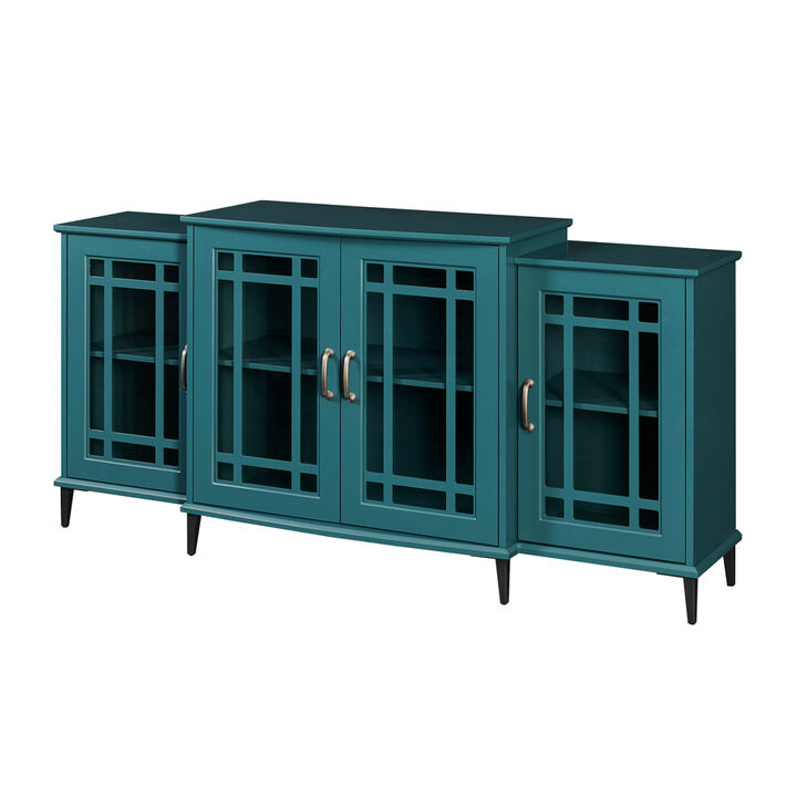 62" TV Stand, Storage Buffet Cabinet, Sideboard with Glass Door and Adjustable Shelves, Console Table for Dining Living Room Cupboard, Teal Blue