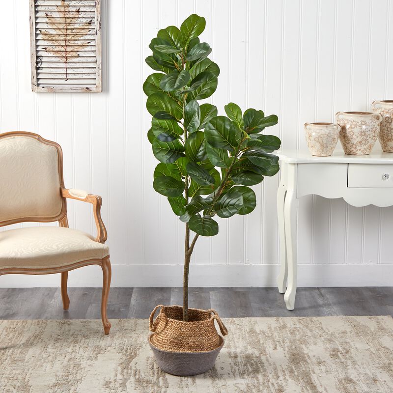 HomPlanti 4.5 Feet Fiddle Leaf Fig Artificial Tree with Boho Chic Handmade Cotton and Jute White Woven Planter