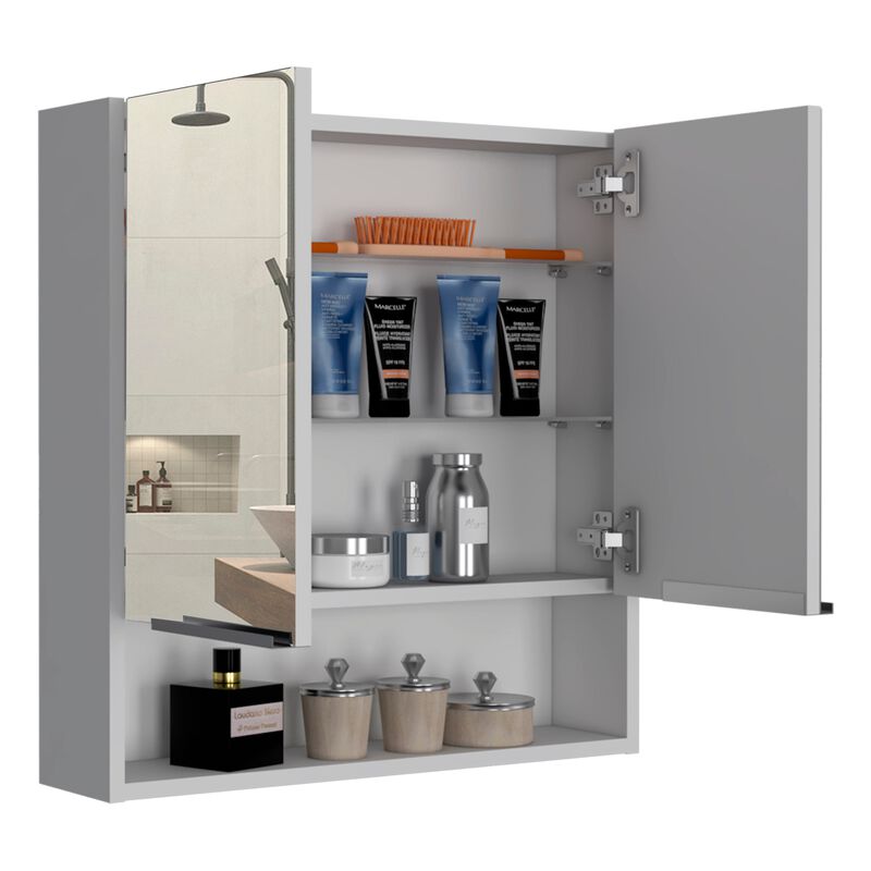 Jaspe Mirror Cabinet, Three Internal Shelves, One Open Shelf, Double Door Cabinet -Light Gray