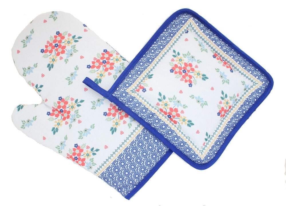 Blue Rose Polish Pottery Red Daisy Pot Holder & Oven Mitt Set