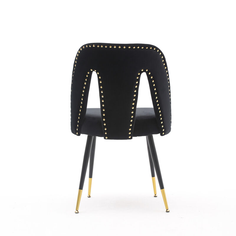 Modern Contemporary Velvet Upholstered Dining Chair with Nailheads and Gold Tipped Black Metal Legs, Black, Set of 2