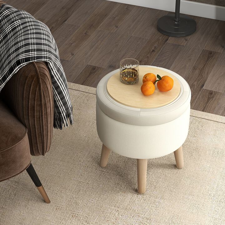 Round Storage Ottoman with Rubber Wood Legs and Adjustable Foot Pads