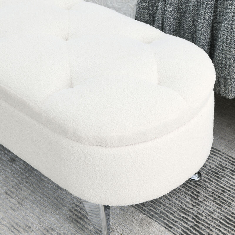 Length 45.5 inches Storage Ottoman Bench Upholstered Fabric Storage Bench End of Bed Stool with Safety Hinge for Bedroom, Living Room, Entryway, Teddy White (Ivory)