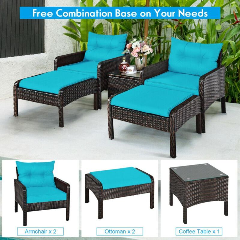 Hivvago 5 Pieces Patio Rattan Sofa Ottoman Furniture Set with Cushions