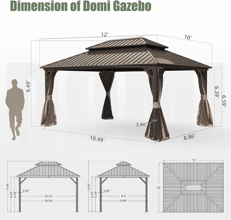 10' X 12' Hardtop Gazebo, Aluminum Metal Gazebo with Galvanized Steel Double Roof Canopy, Curtain and Netting, Permanent Gazebo Pavilion for Party, Wedding, Outdoor Dining, Brown