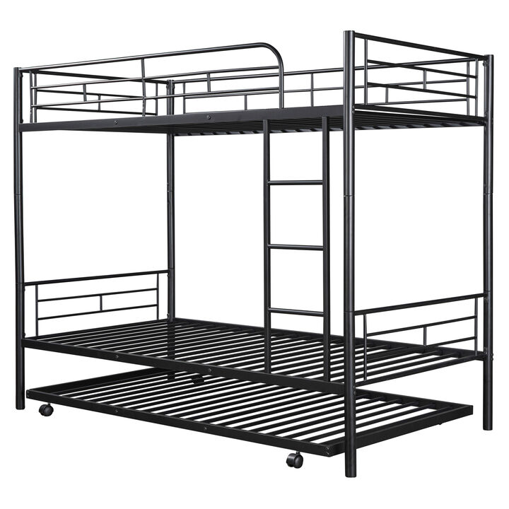 Twin-Over-Twin Metal Bunk Bed With Trundle, Can Be Divided Into Two Beds, No Box Spring Needed