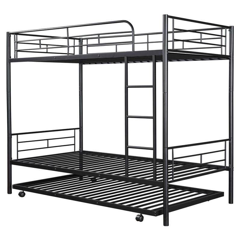 Twin-Over-Twin Metal Bunk Bed With Trundle, Can Be Divided Into Two Beds, No Box Spring Needed