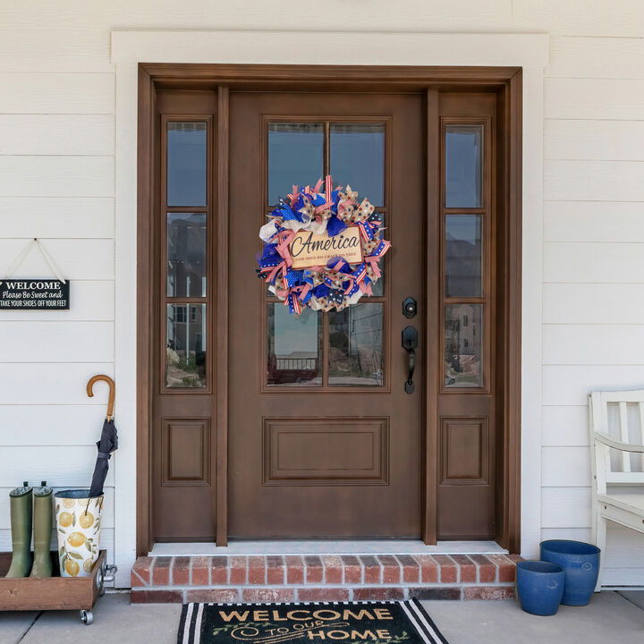 Stars & Stripes "America God Shed His Grace on Thee" Patriotic Bow Wreath -18"