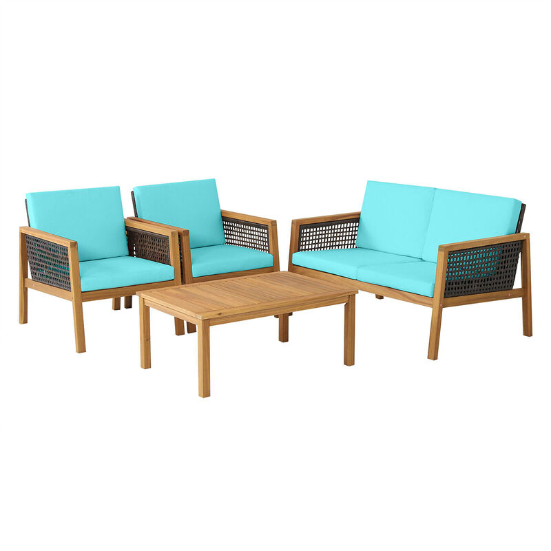 4 Pieces Patio Rattan Furniture Set with Removable Cushions