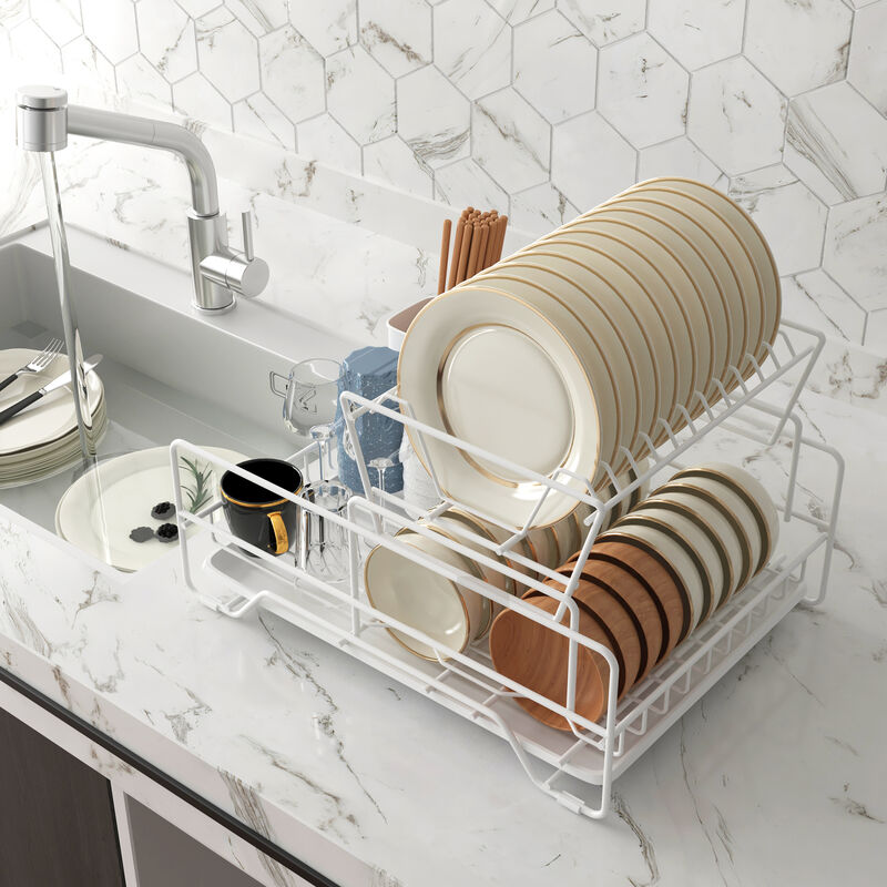 Dish Drying Rack, Metel 2-Tier Dish Rack Utensil Holder Kitchen White