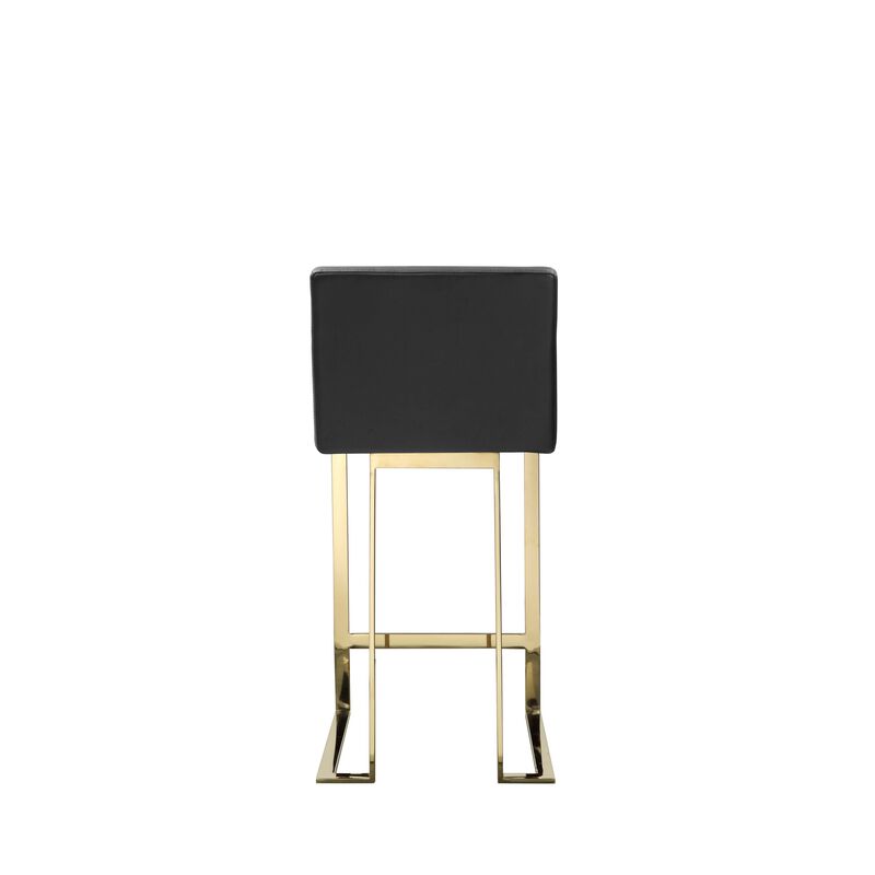 Boly 26 Inch Counter Height Chair, Black Faux Leather Seat, Gold Cantilever - Benzara