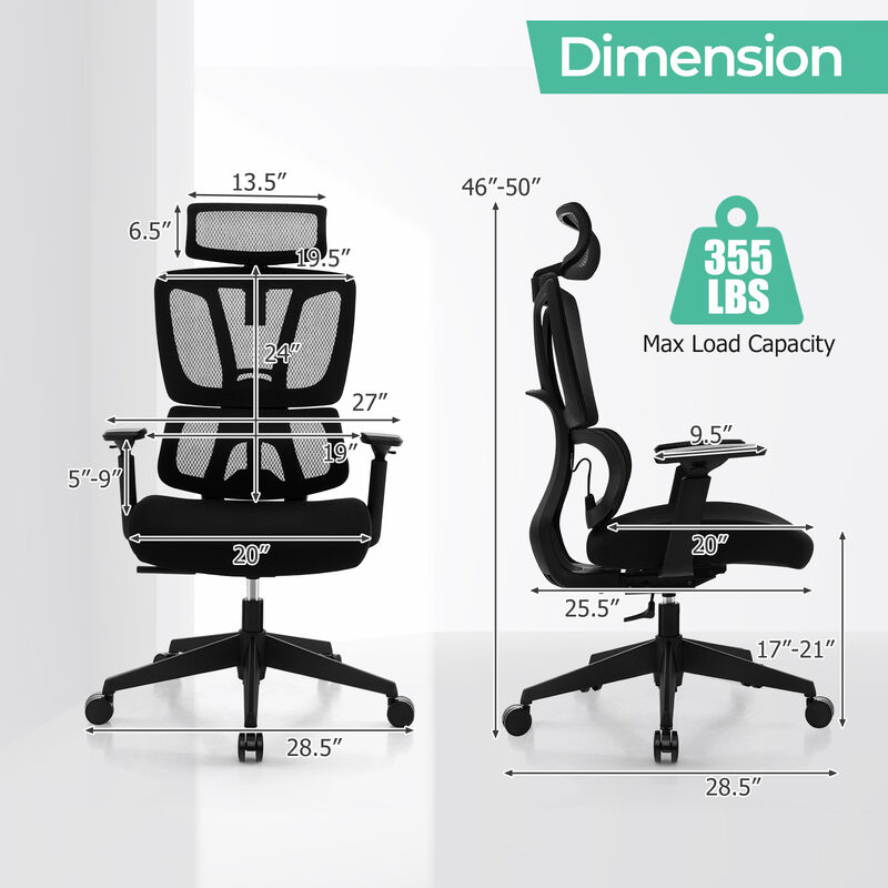 Ergonomic Office Chair with N Type Lumbar Support and Adjustable Headrest-Black