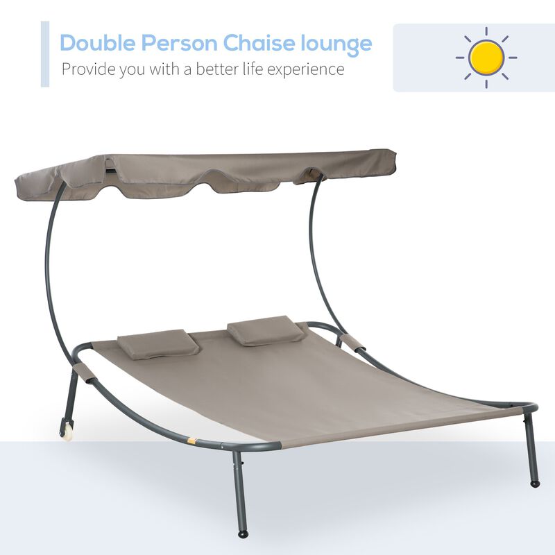 Brown Patio Lounger: Double Chaise with Canopy & Wheels