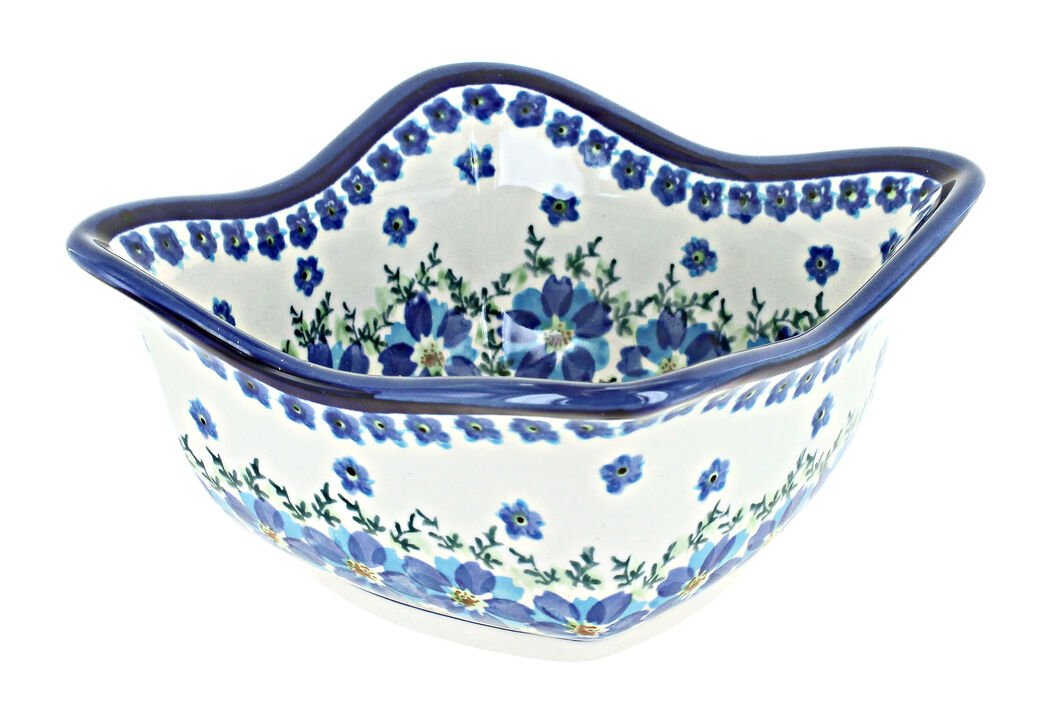 Blue Rose Polish Pottery Porcelain Vine Medium Square Scallop Bowl