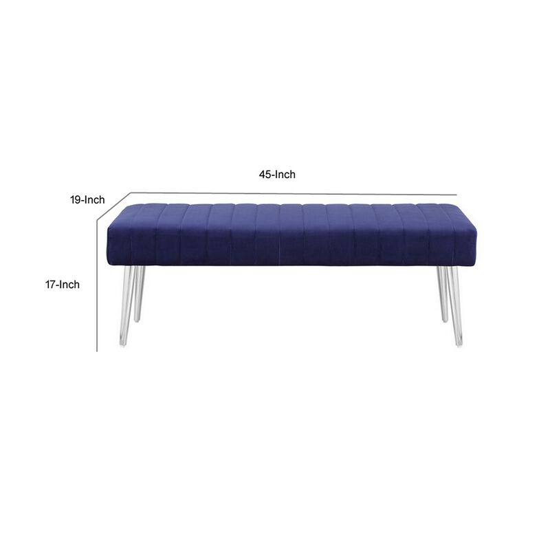 Lida 45 Inch Bench, Modern Tufted Lines, Blue Soft Velvet, Chrome Metal - Benzara