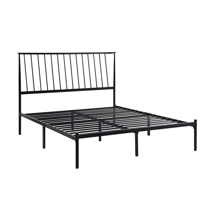 Angie Queen Bed, Platform Foundation, Slatted Headboard, Black Metal Frame - Benzara