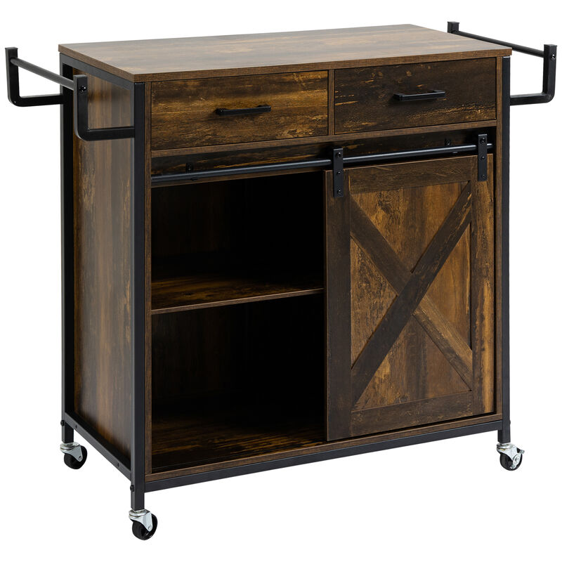 Farmhouse Kitchen Rolling Island Cart w/ Adjustable Shelf, Towel Rack & Drawers