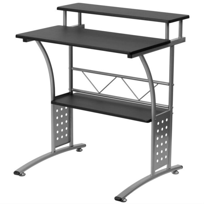 Hivvago Modern Metal Frame Computer Desk with Black Laminate Top and Raised Shelf