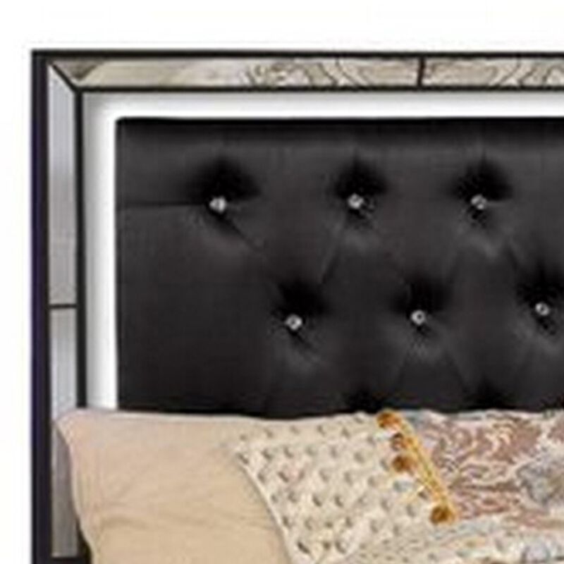 Eli Crystal Tufted Queen Bed, LED, Mirrored Inlays, Wood, Velvet, Black-Benzara