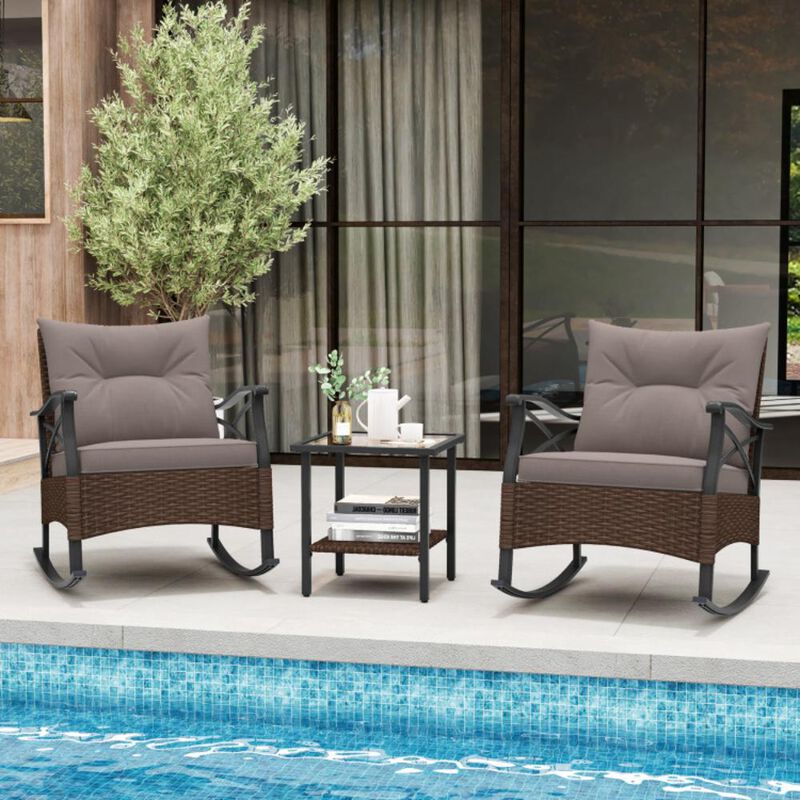 Hivvago 3 Pieces Outdoor Rattan Rocking Chairs Set with  2-Tier Side Table for Garden Backyard