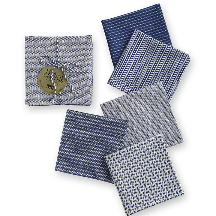 Set of 5 Blue and Gray Weave Patterned Subtly Dishcloths 12"