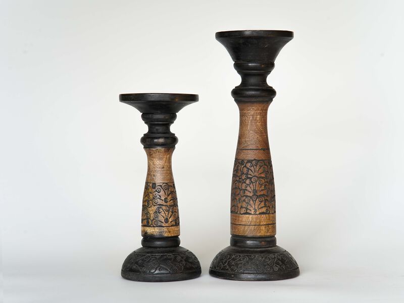Traditional Black Wash Eco-friendly Handmade Mango Wood Set Of Two 6" & 9" Pillar Candle Holder