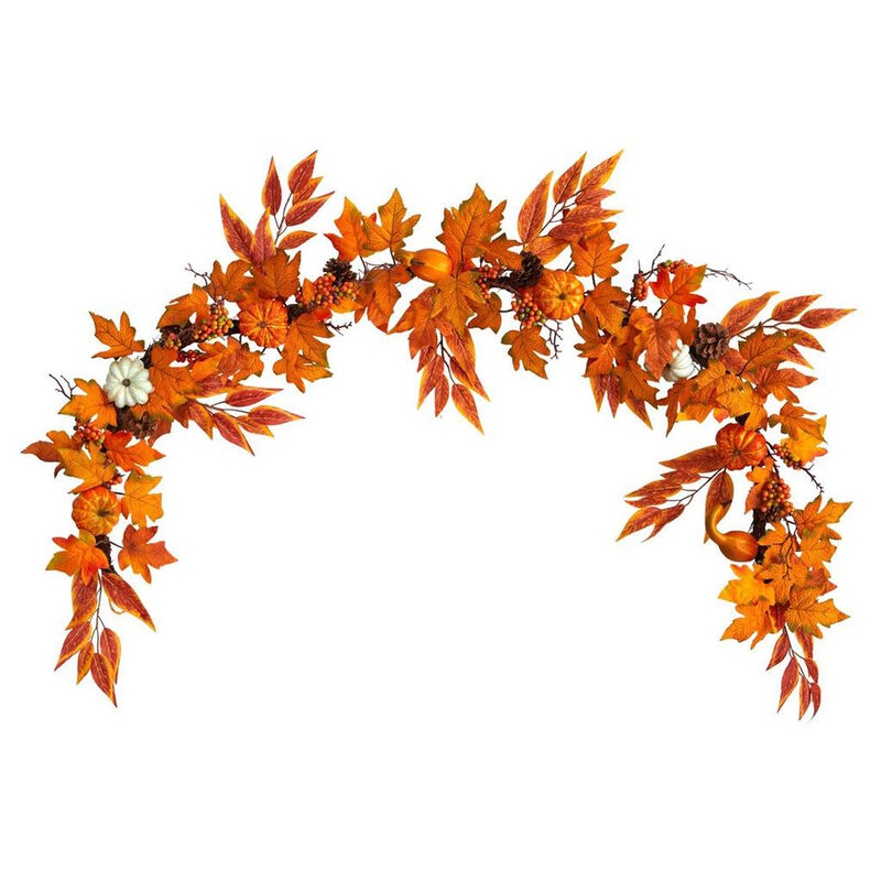 Nearly Natural 6-ft Assorted Autumn Maple Leaves, Pumpkins, Gourds, Berries and Pinecone Artificial Fall Garland