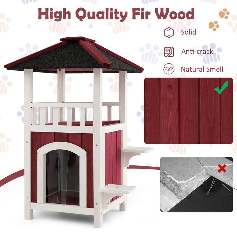 Costway Outdoor Cat House 2-Story Wooden Cat Shelter with Asphalt Roof Removable Floor