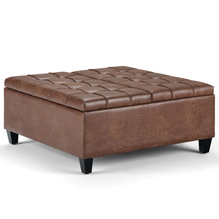 Harrison 36 inch Wide Transitional Square Coffee Table Storage Ottoman in Distressed Umber Brown Vegan Faux Leather, Assembled