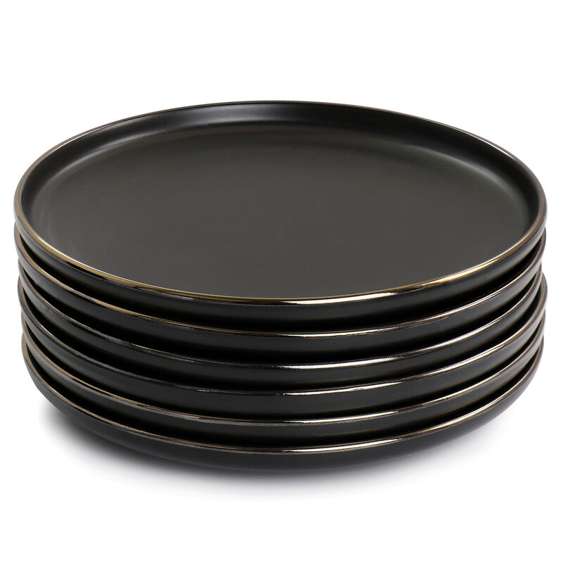 Elama Paul 6 Piece Stoneware Salad Plate Set in Matte Black with Gold Rim