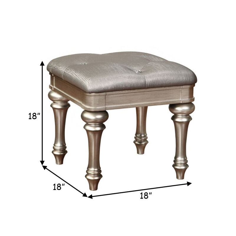 Wooden Vanity Stool with Turned Legs and Leatherette Upholstered Seat, Silver-Benzara