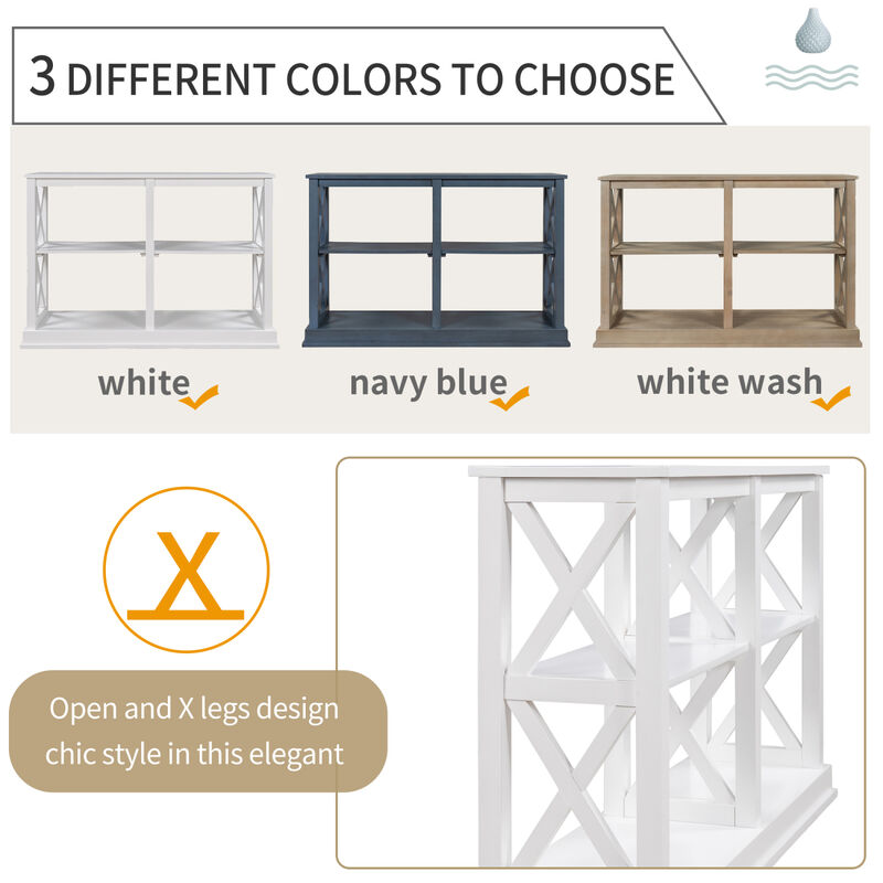 Console Table with 3-Tier Open Storage Spaces and "X" Legs, Narrow Sofa Entry Table for Living Room (White)