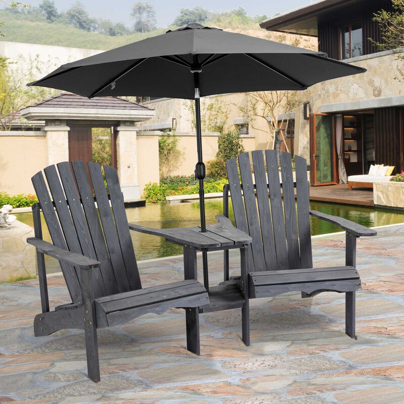 Outsunny Wooden Adirondack Chairs for Two People, Outdoor Fire Pit Chair with Table & Umbrella Hole, Patio Chair for Deck Lawn Pool Backyard, Gray