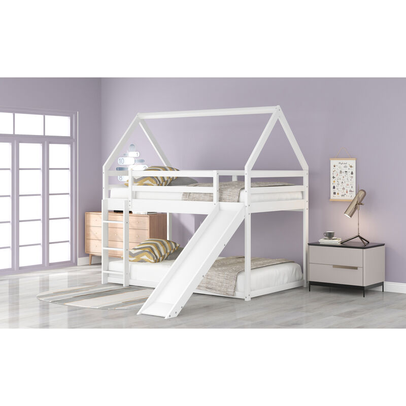 Twin Size Bunk House Bed with Slide and Ladder