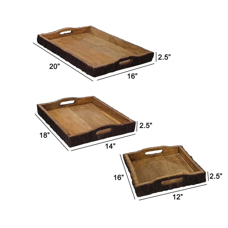 20, 18, 16 Inch Set of 3 Wood Serving Trays, Tree Bark Accent, Natural Brown-Benzara